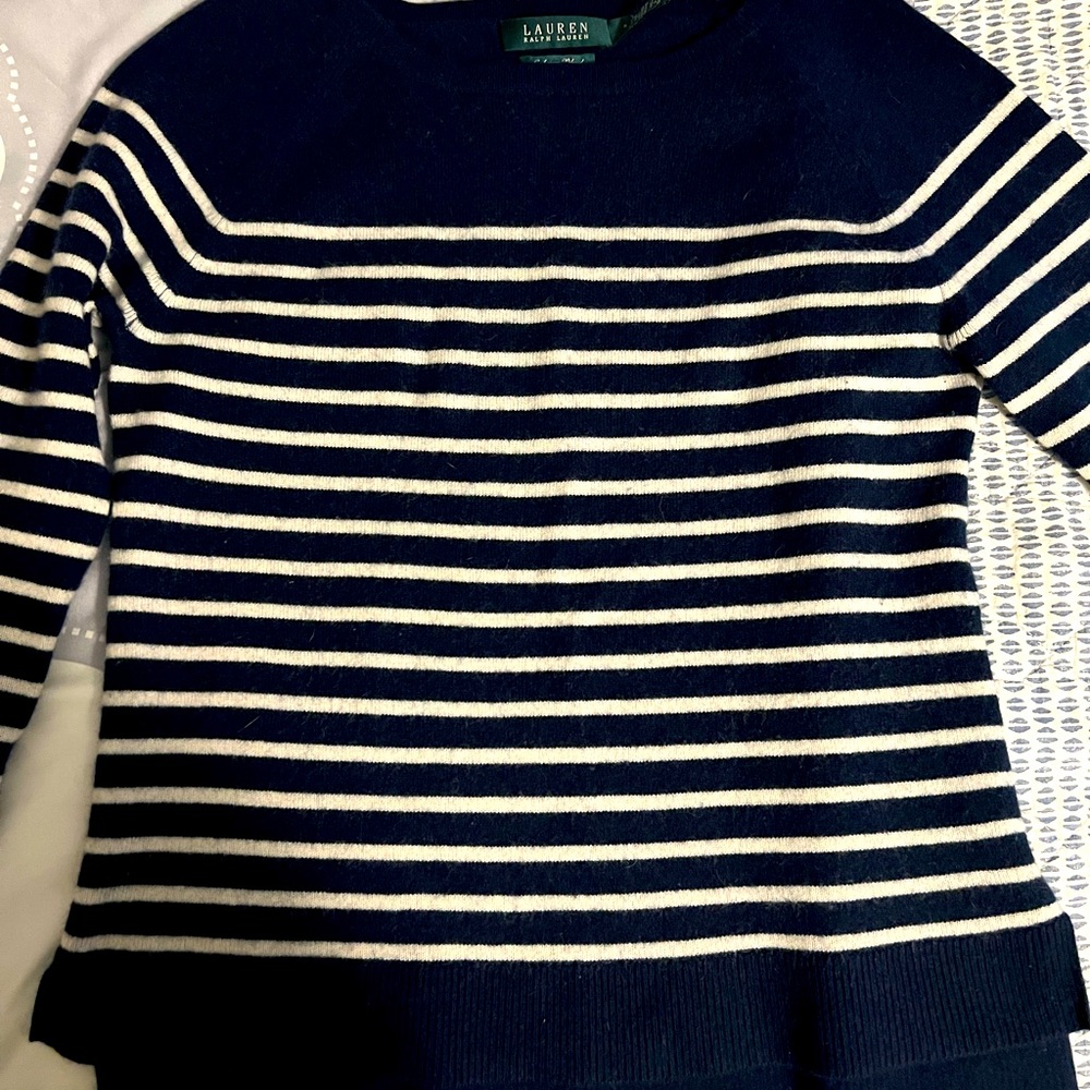 Sm Navy and white striped Ralph Lauren Cashmere sweater with gold button detail